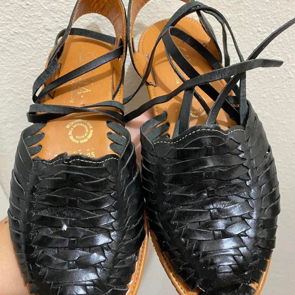 Black Leather Huarache Sandals with Woven Design